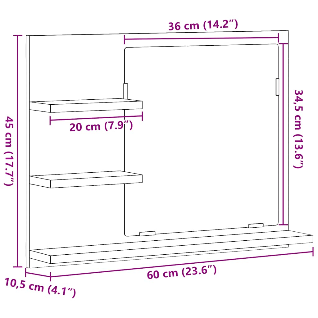 vidaXL Miroir de salle de bain noir aspect chêne 60x10,5x45 cm Bois d'ingénierie
