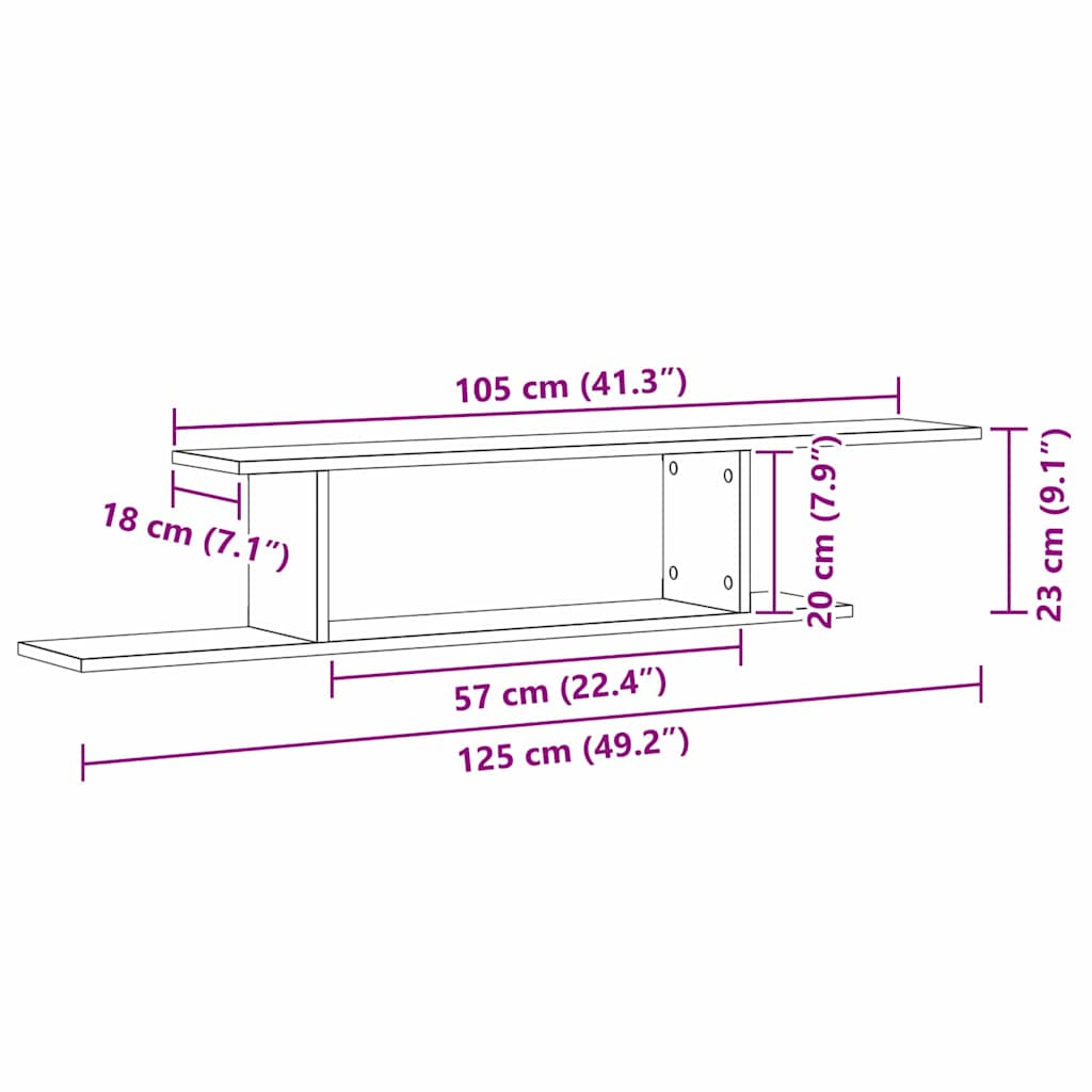 Wandmontiertes TV Regal Schwarz Eichen-Optik 125 x 18 x 23 cm