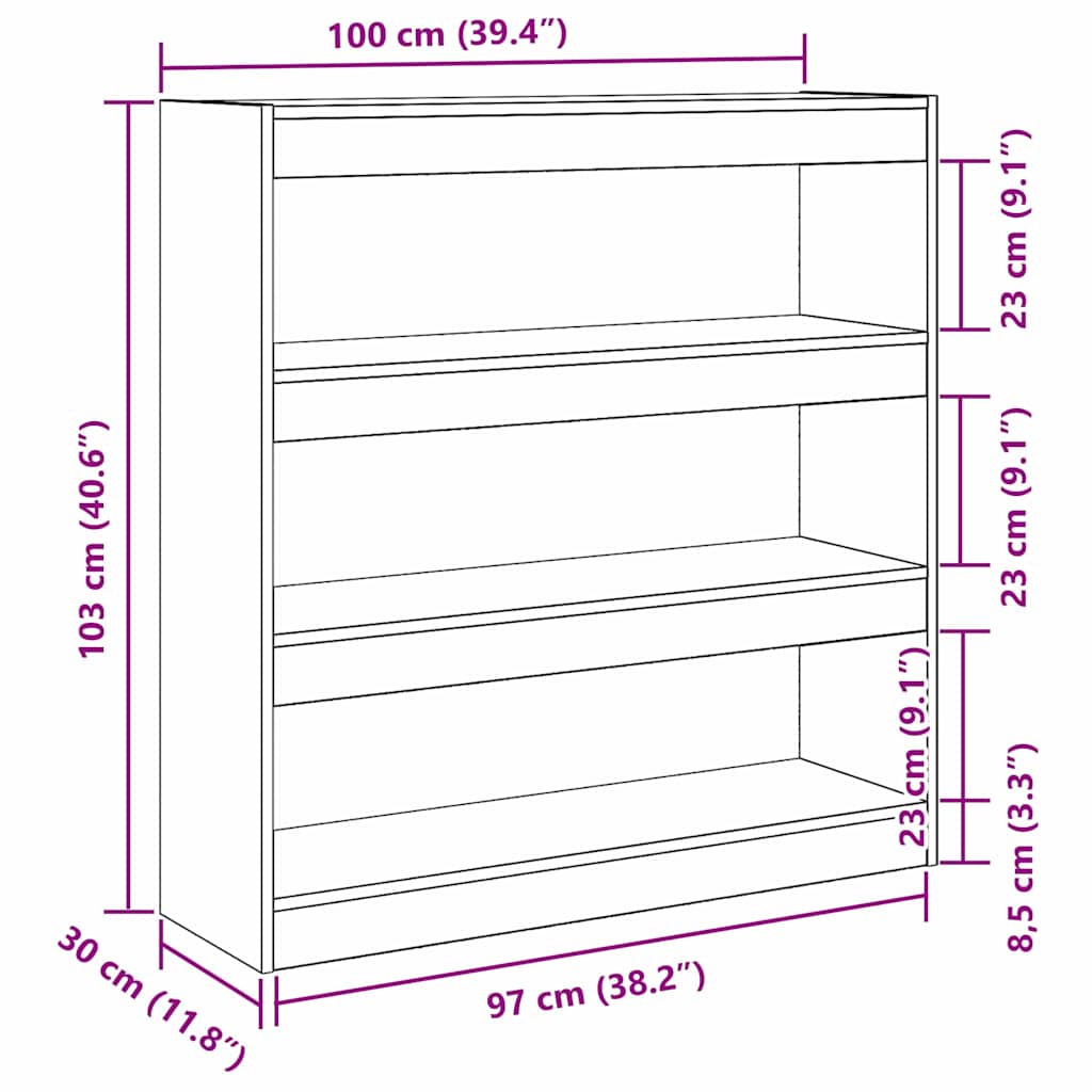 vidaXL Bücherregal Schwarz Eichen-Optik 100 x 30 x 103 cm