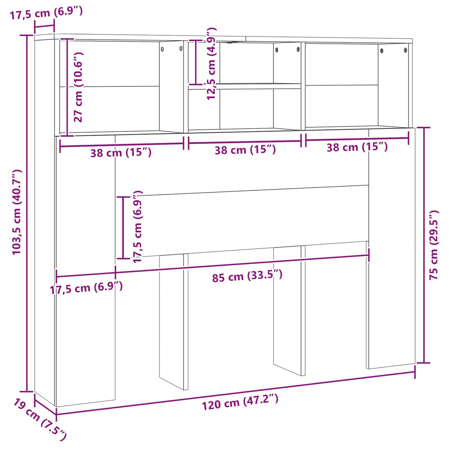 vidaXL Kopfteil Schrank Schwarz Eichen-Optik 120 x 19 x 103,5 cm