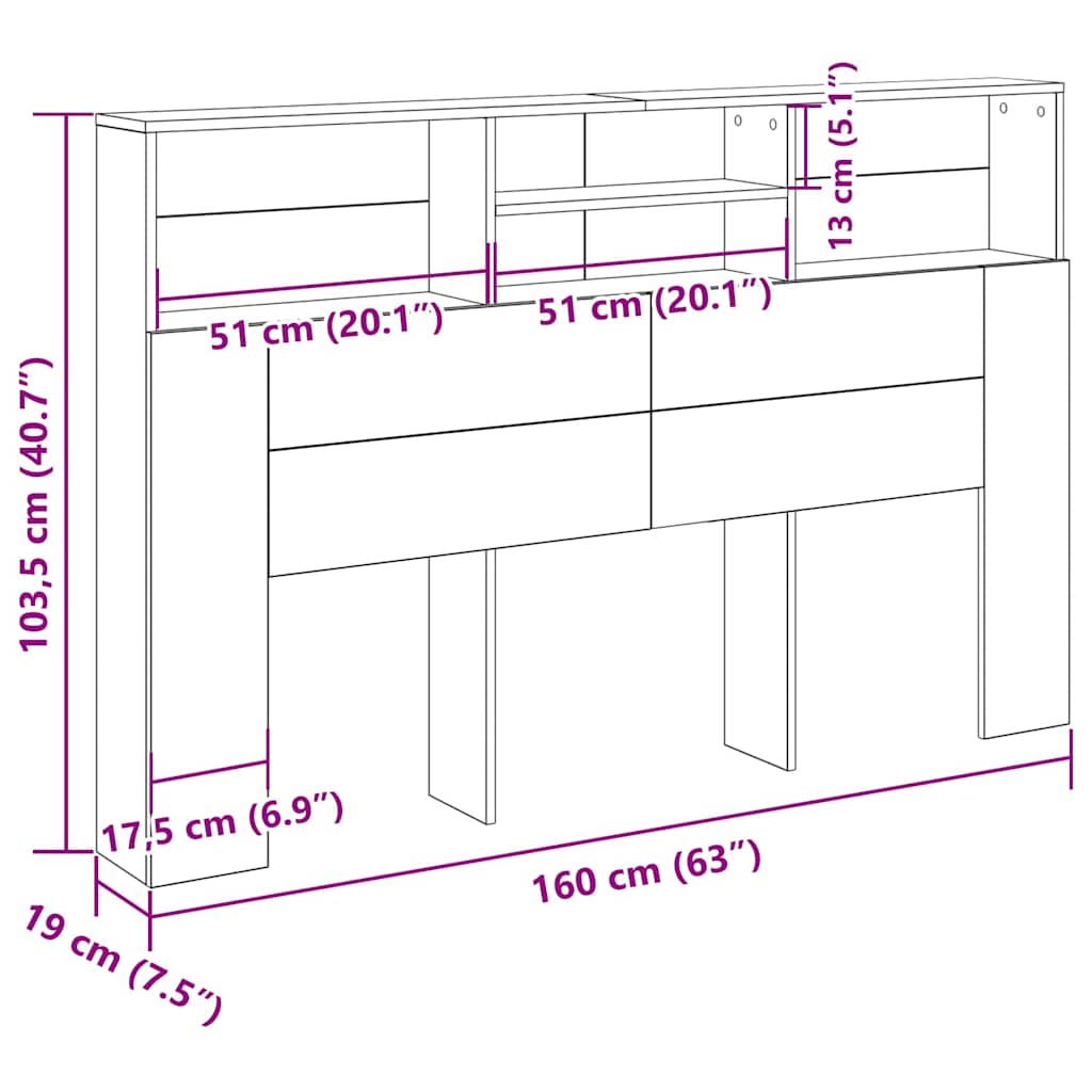 vidaXL Kopfteil Schrank Schwarz Eichen-Optik 160 x 19 x 103,5 cm