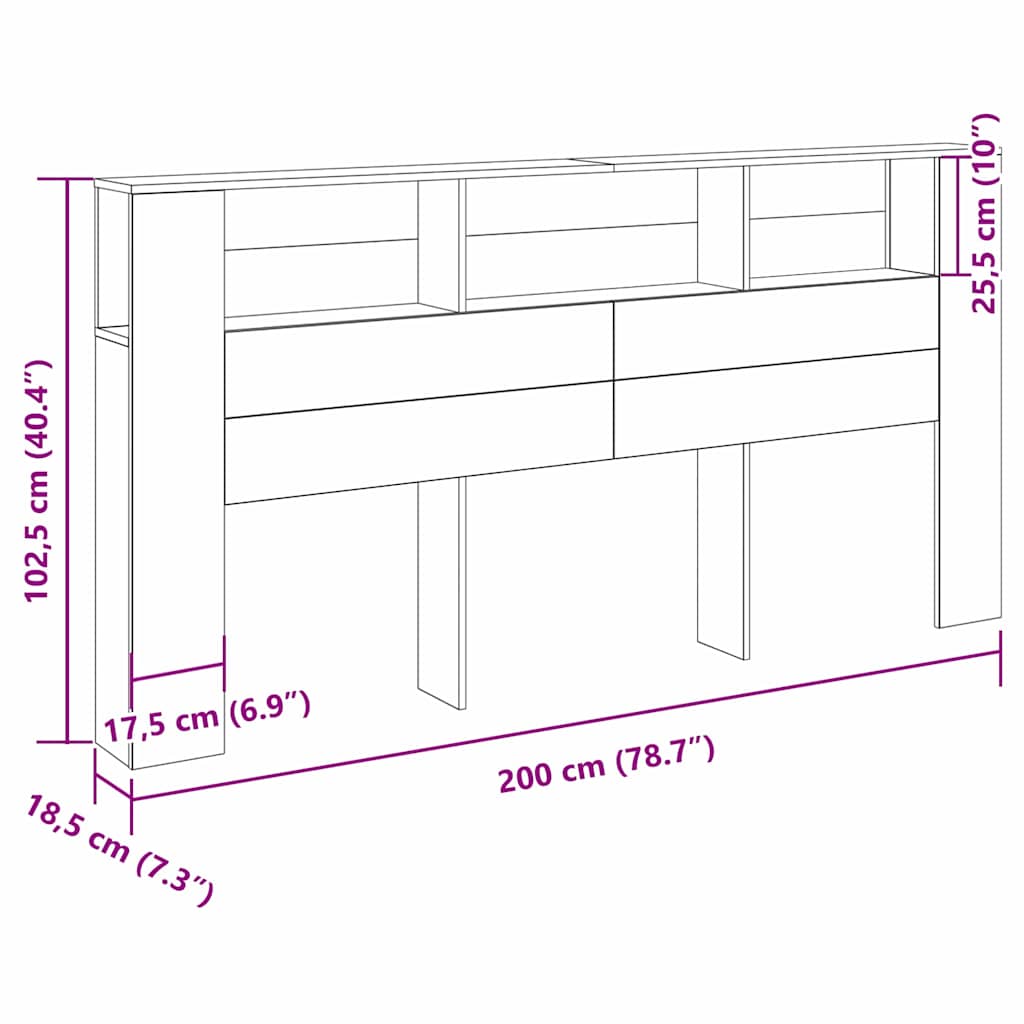 vidaXL Kopfteil Schrank Schwarz Eichen-Optik 200 x 18,5 x 102,5 cm