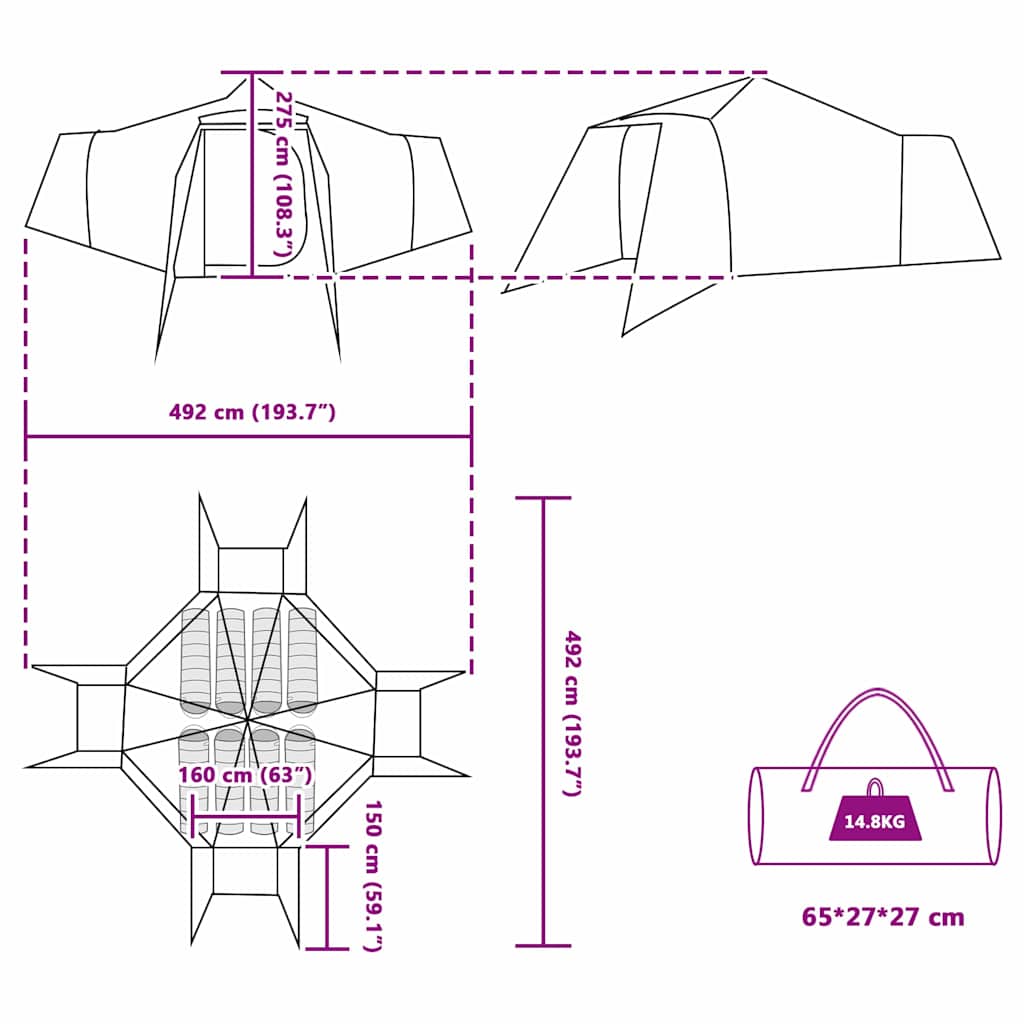 Tipi Zelt mit Dach Grau und Orange 492 x 492 x 275 cm Taft