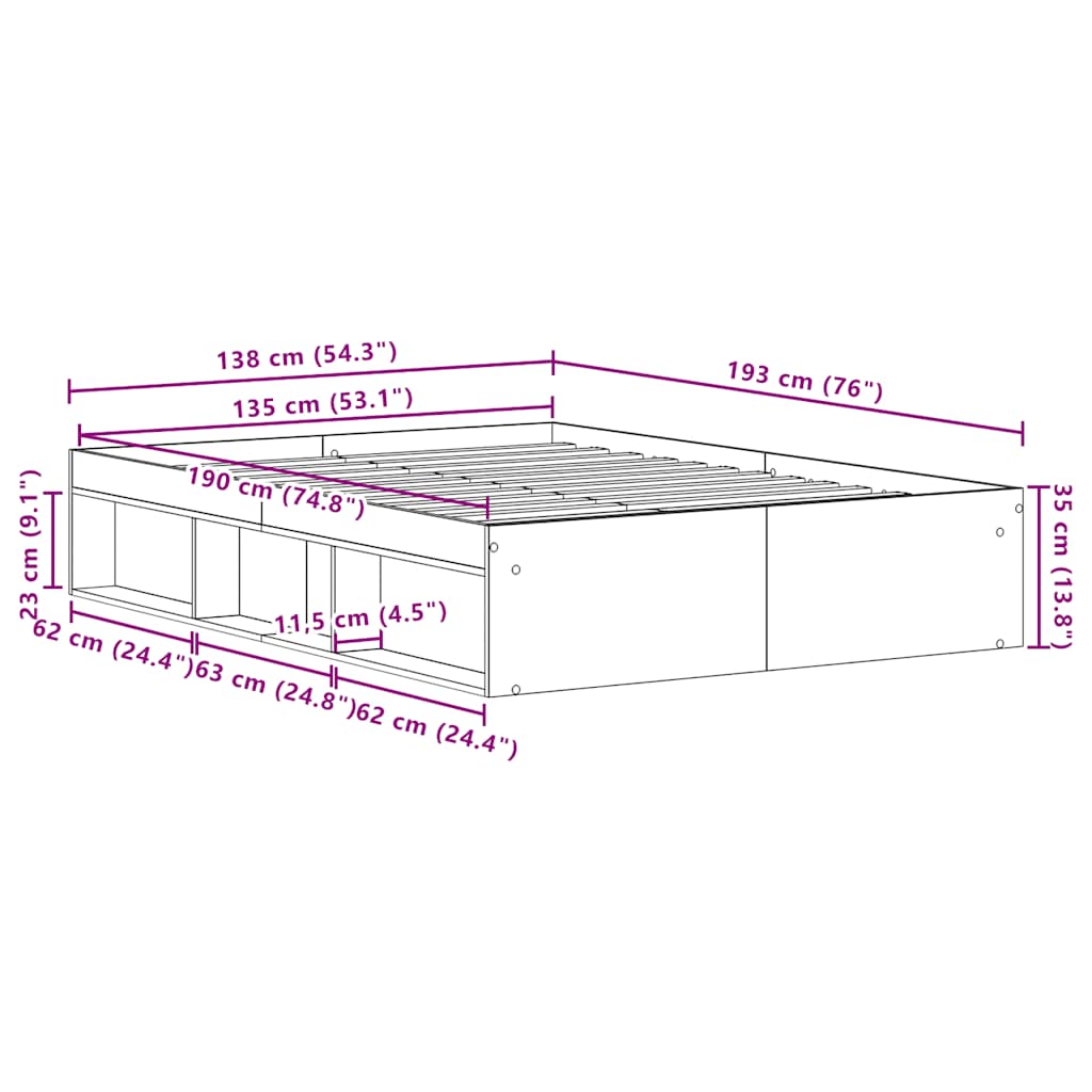 vidaXL Bettgestell ohne Matratze Artisan-Eiche 135x190cm Holzwerkstoff