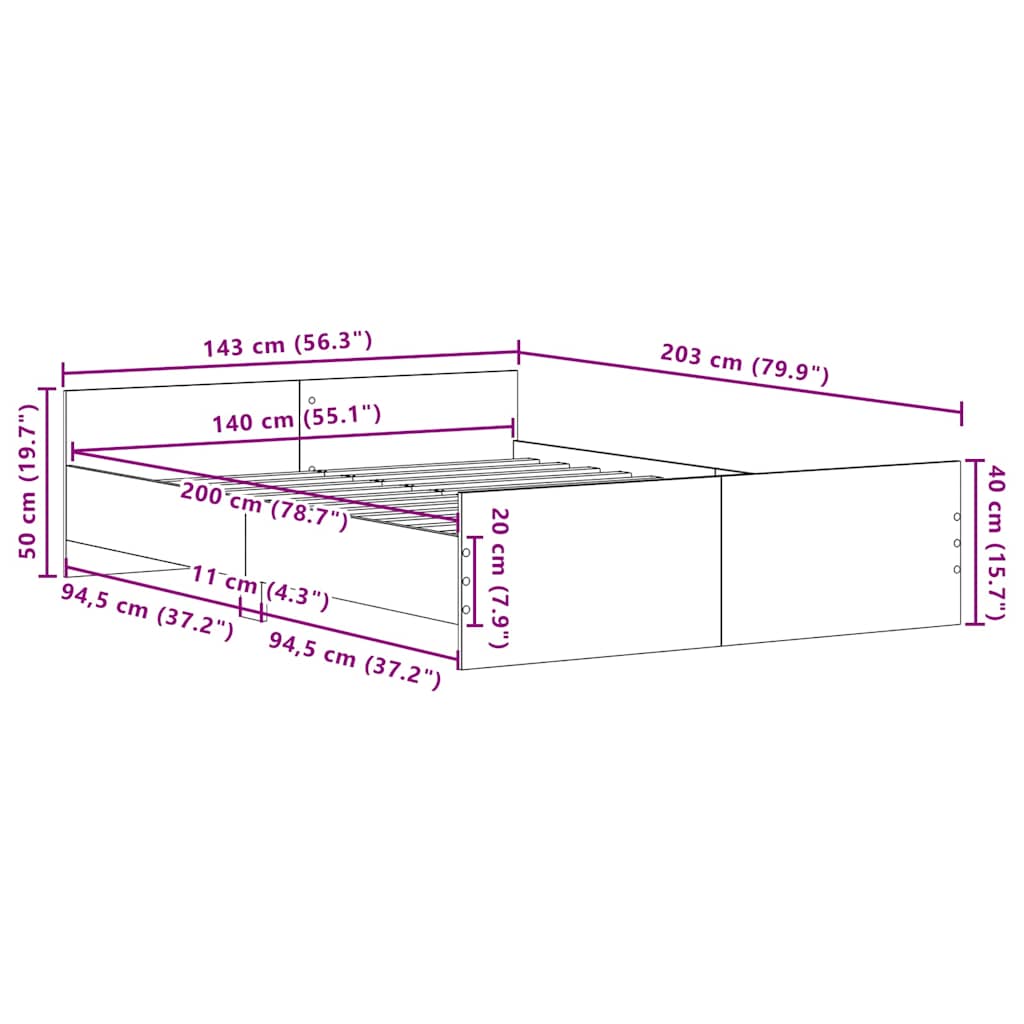 vidaXL Cadre de lit sans matelas Noir aspect chêne 140x200 cm