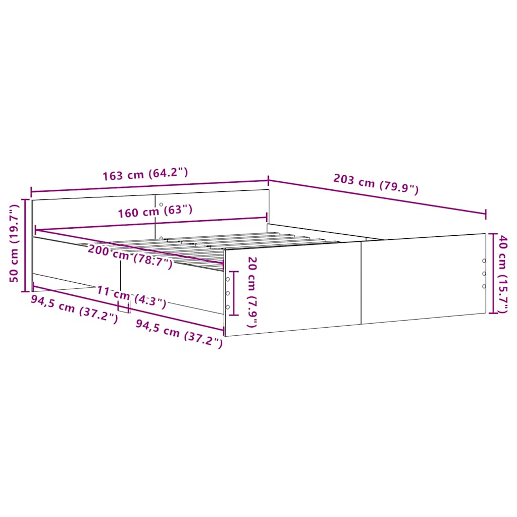 vidaXL Bettgestell ohne Matratze Schwarz Eichen-Optik 160x200 cm