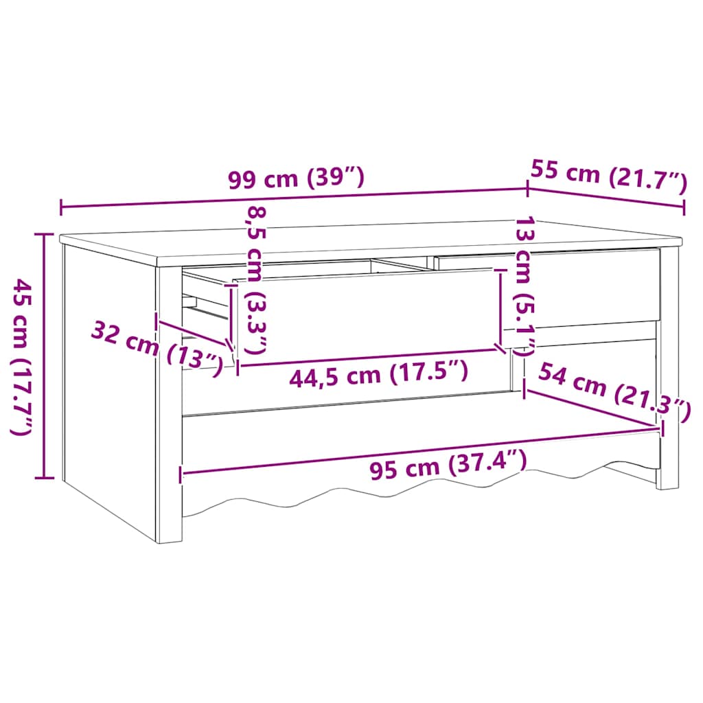 vidaXL Couchtisch Drammen Weiß 99 x 55 x 45 cm Massives Kiefernholz