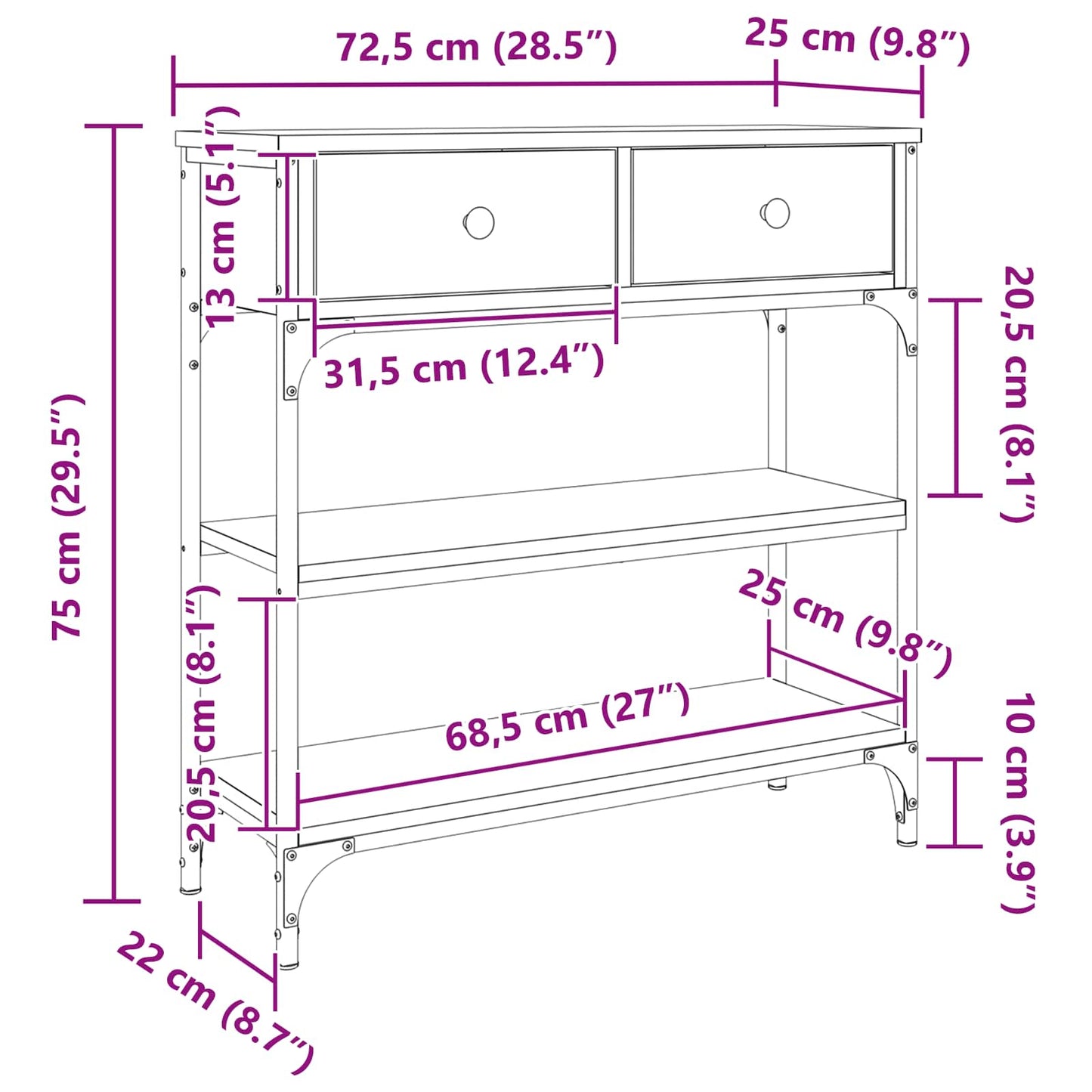 vidaXL Console avec étagère Bois de récupération 72,5 x 25 x 75 cm Bois d'ingénierie