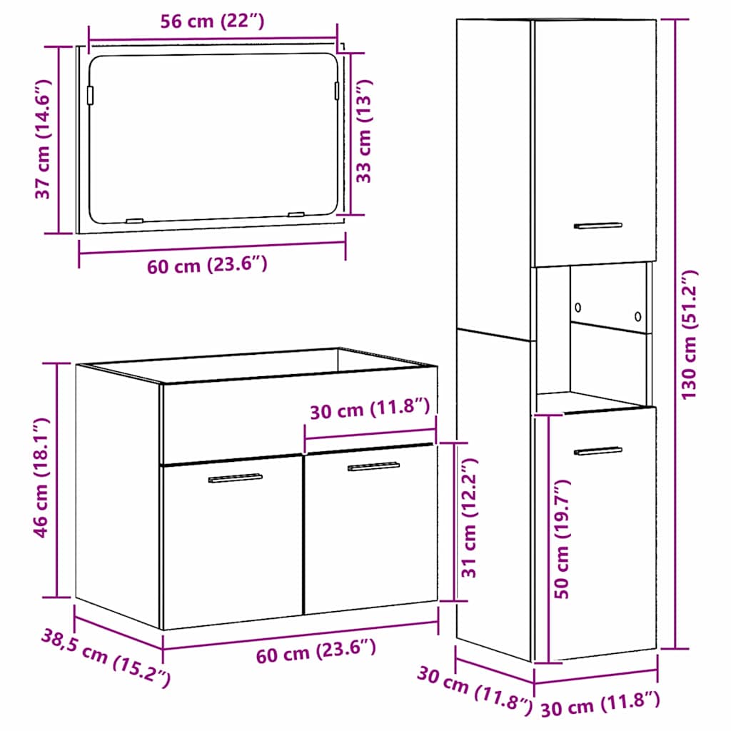 vidaXL Badezimmermöbel-Set Wandmontiert 3 pcs Altholz Holzwerkstoff
