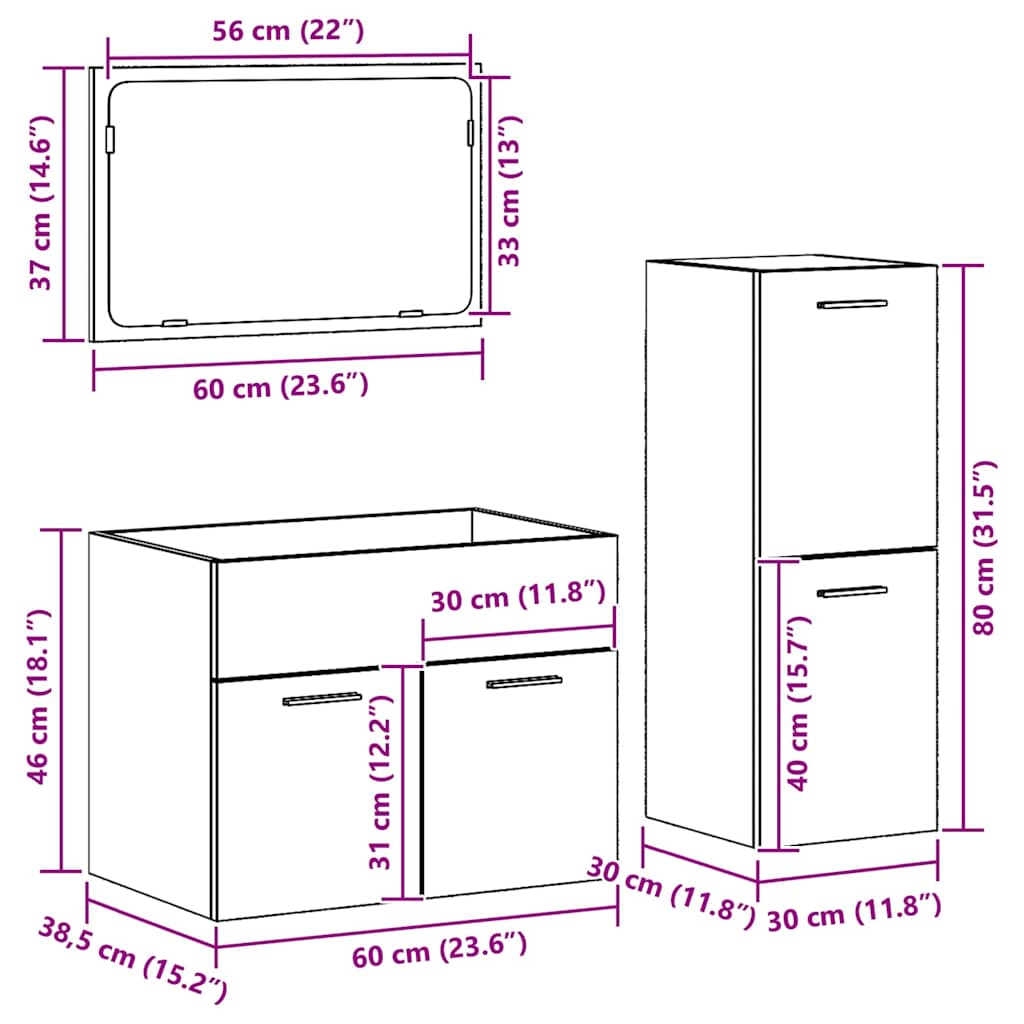 vidaXL Badezimmermöbel-Set Wandmontiert 3 pcs Altholz Holzwerkstoff