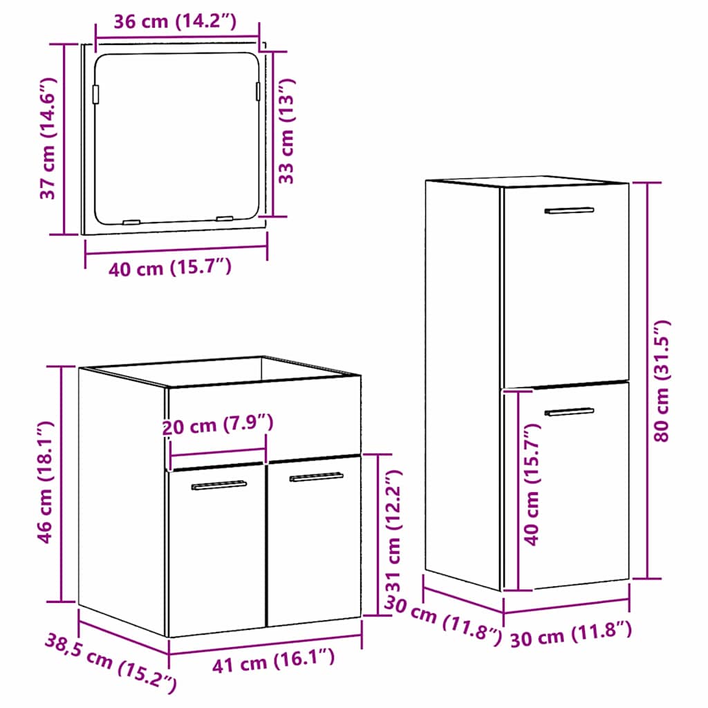 vidaXL Badezimmermöbel-Set Wandmontiert 3 pcs Altholz Holzwerkstoff