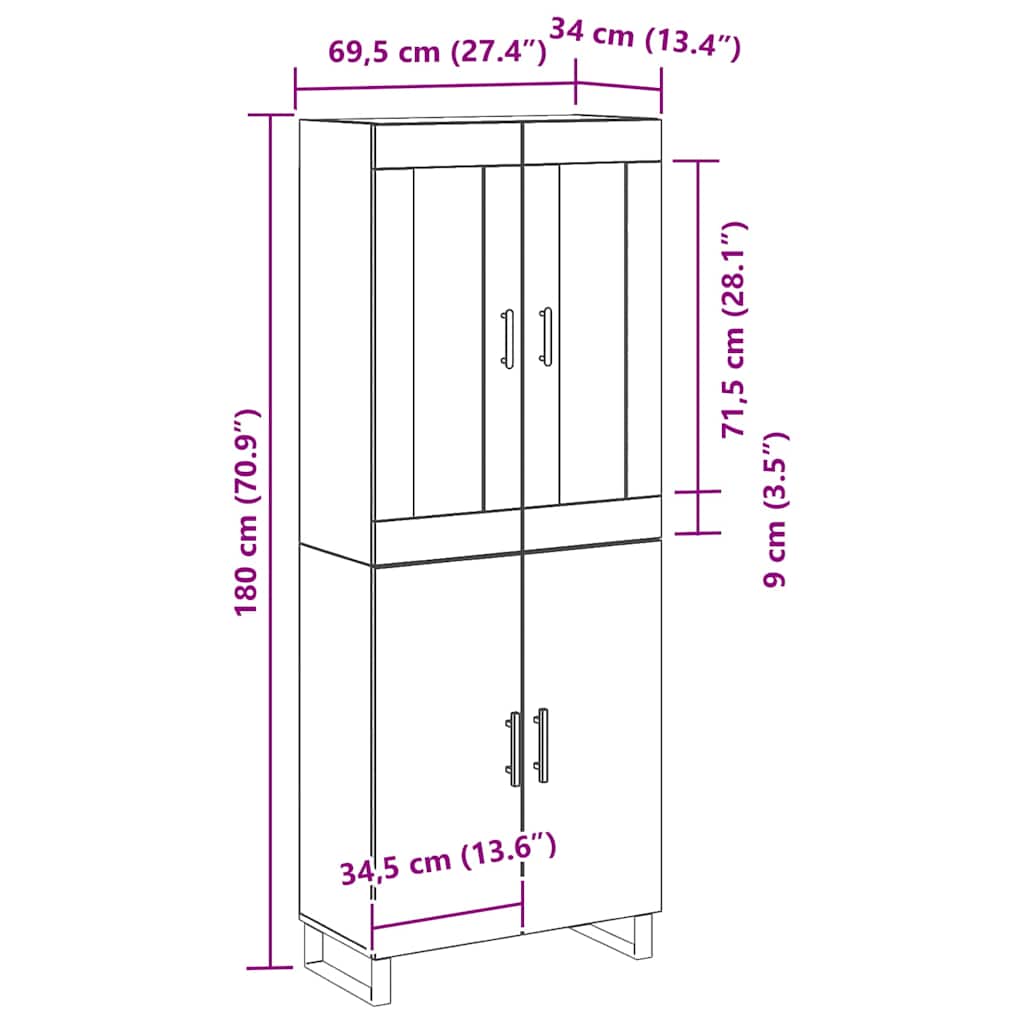 vidaXL Buffet haut noir aspect chêne 69,5 x 34 x 180 cm Bois d'ingénierie