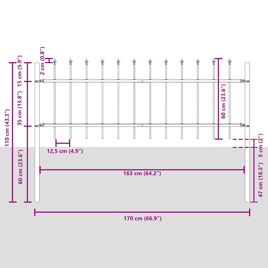 vidaXL Gartenzaun 6 pcs Grau 10,2 x 0,6 m Pulverbeschichteter Stahl