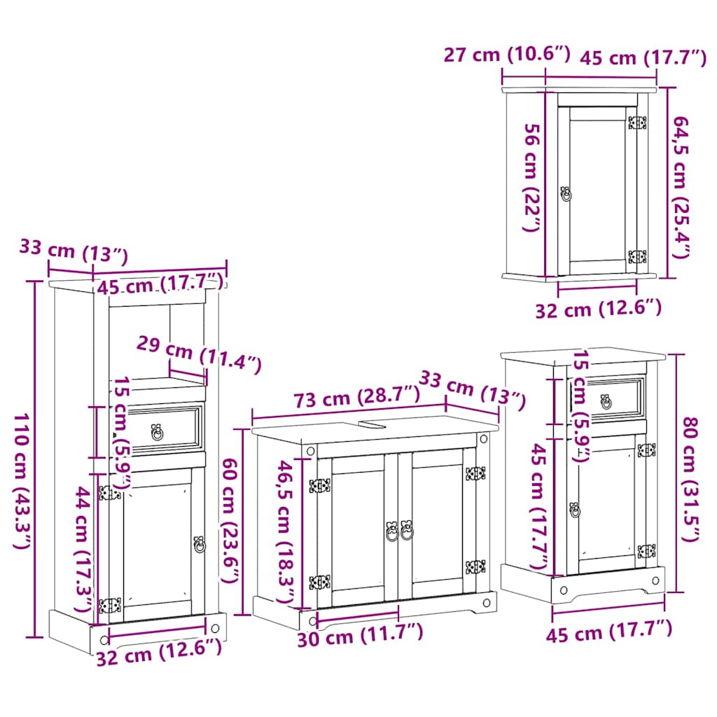 vidaXL Ensemble de 4 meubles de salle de bain Corona Bois de pin massif