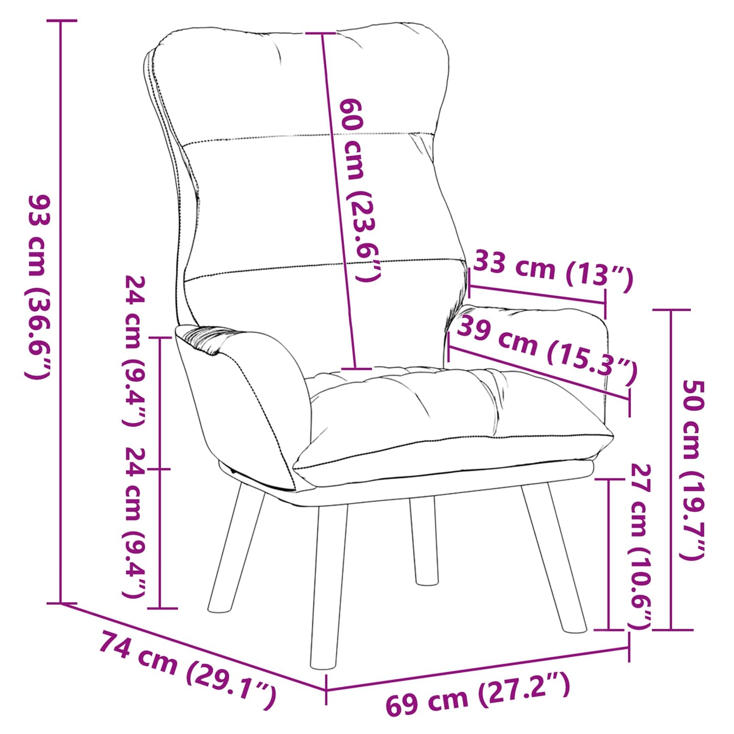 vidaXL Fauteuil Noir 69 x 74 x 93 cm Velours