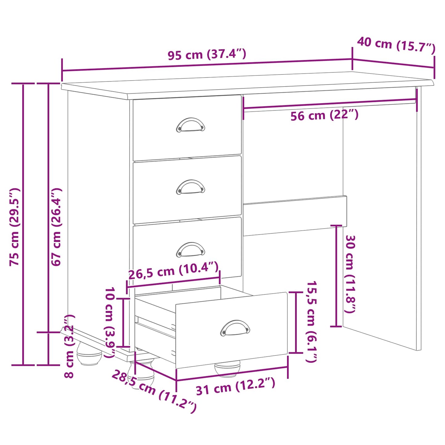 vidaXL Schreibtisch ASKIM Braun 95 x 40 x 75 cm Massives Kiefernholz