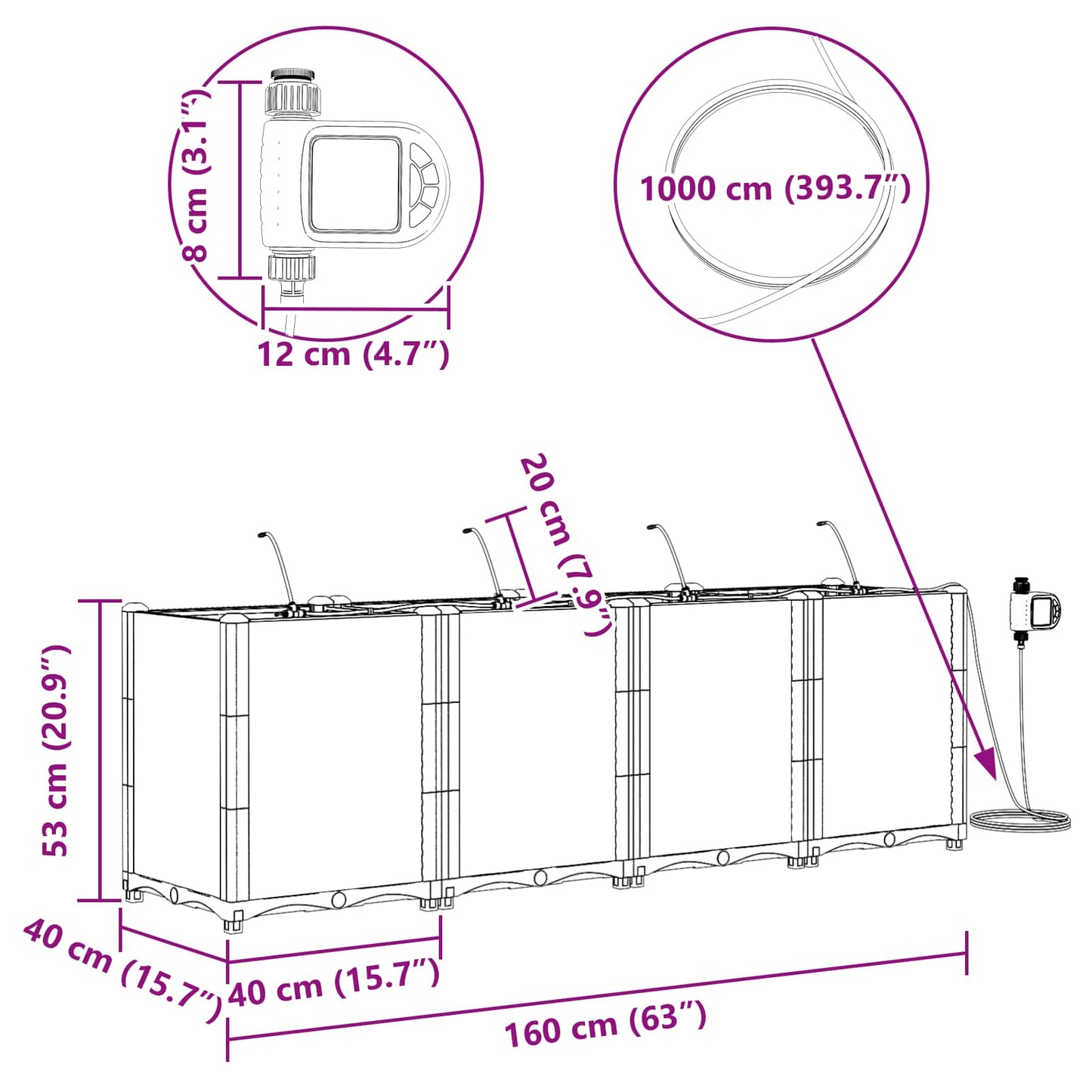 vidaXL Garten-Pflanzgefäß 4 pcs Schwarz 160 x 40 x 53 cm Stahl