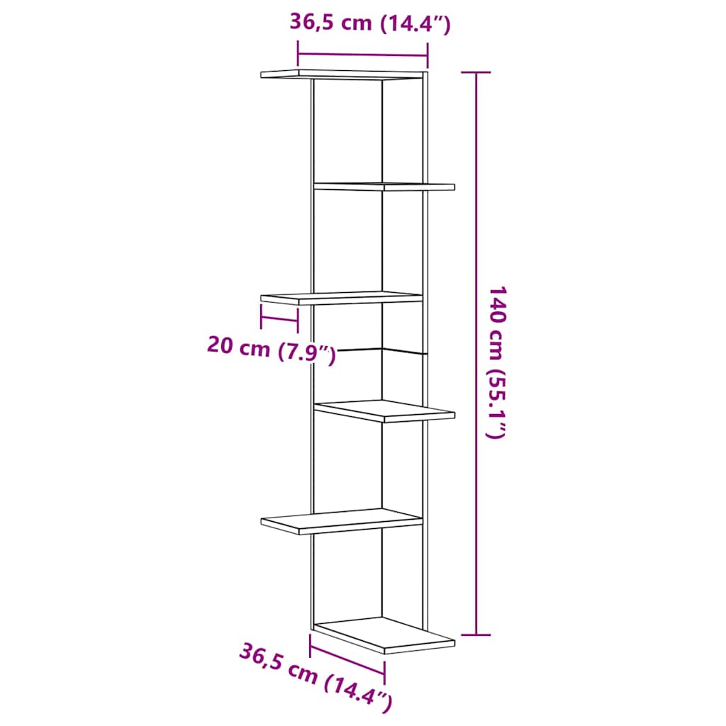 vidaXL Wand-Eckregal Schwarz Eichen-Optik 36,5 x 36,5 x 140 cm