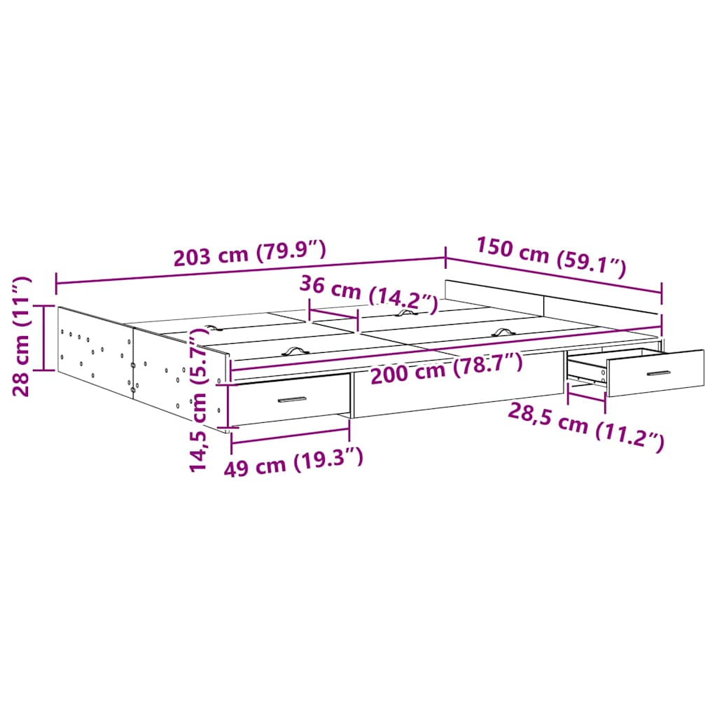 vidaXL Aufbewahrungsbettgestell Beton Grau 150 x 200 cm Holzwerkstoff