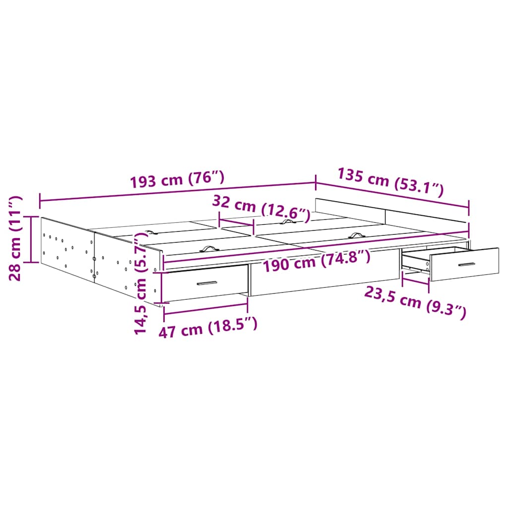 Aufbewahrungsbettgestell mit Kopfteil Sonoma-Eiche 135 x 190 cm