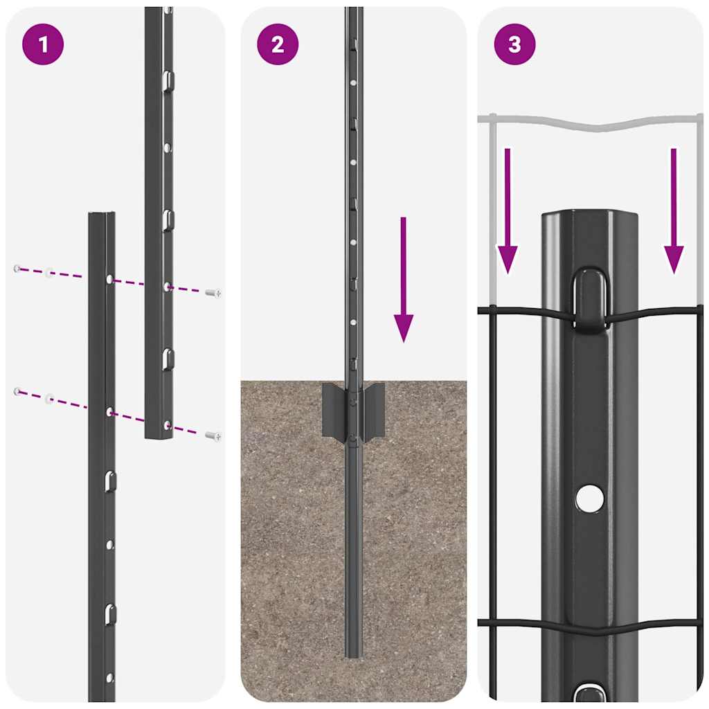 Zaun mit Pfosten Grau 1 x 10 m Stahl und PVC