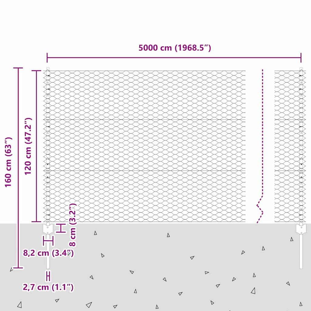 vidaXL Zaun mit Pfosten Grau 1,2 x 50 m Stahl und PVC