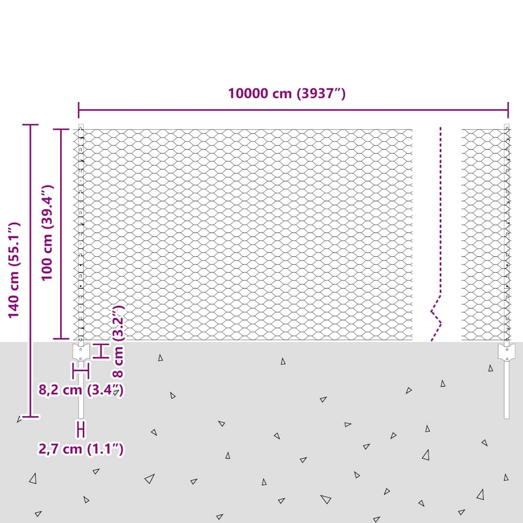 vidaXL Zaun mit Pfosten Grau 1 x 100 m Stahl und PVC