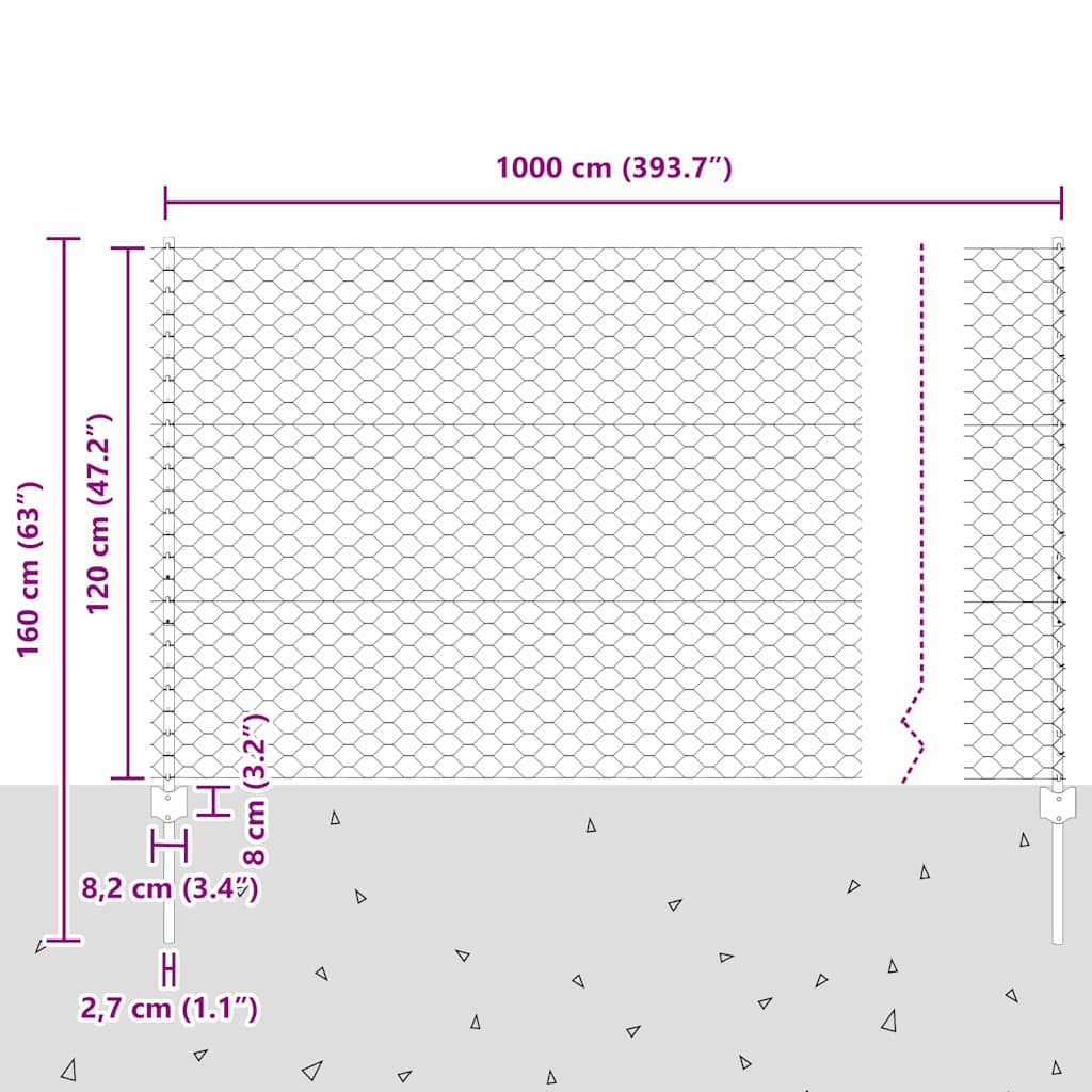 vidaXL Zaun mit Pfosten Silber 1,2 x 10 m Stahl