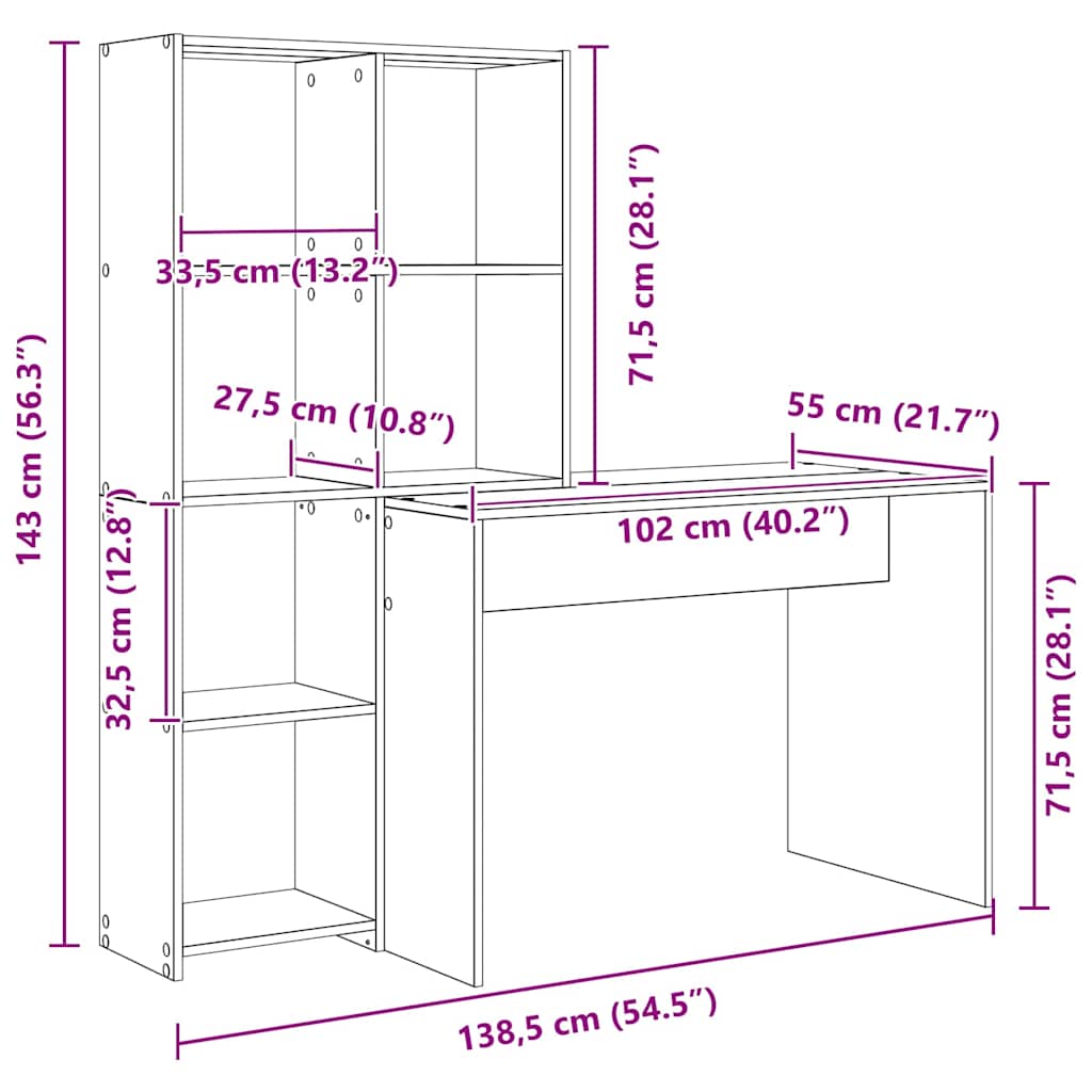 vidaXL Schreibtisch Graues Sonoma 138,5 x 55 x 143 cm Holzwerkstoff