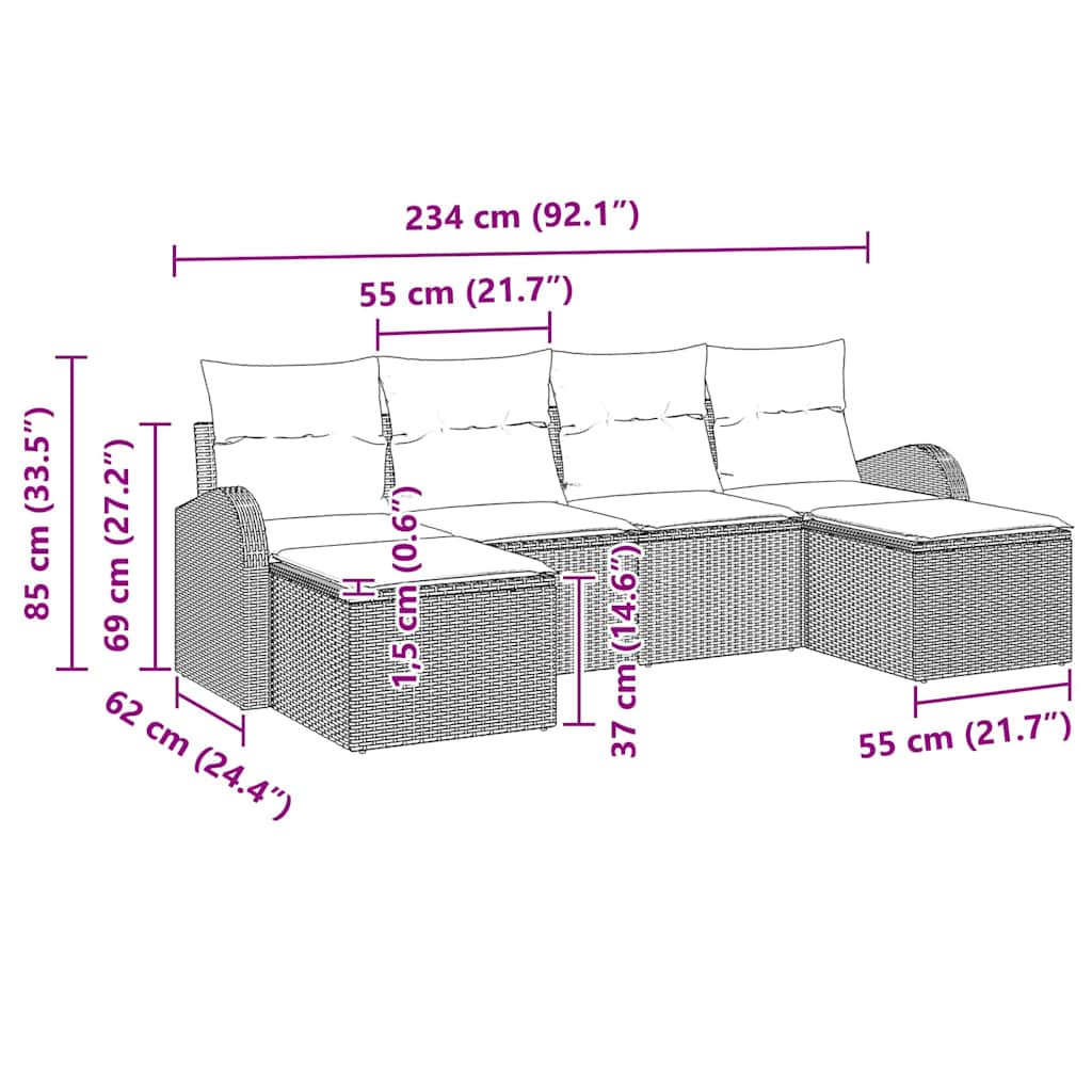 Gartensofa-set mit Kissen 6 pcs Braun Poly Rattan
