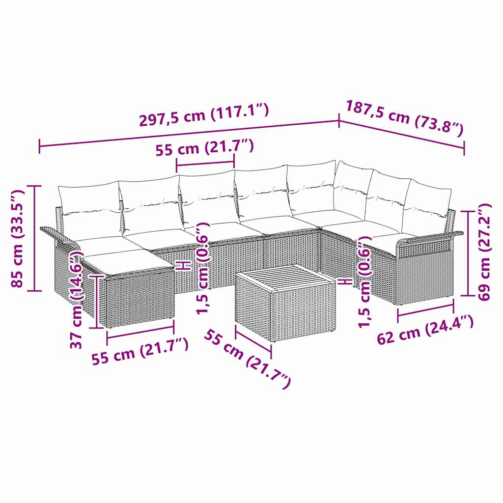 Gartensofa-set mit Kissen 9 pcs Beige Poly-Rattan