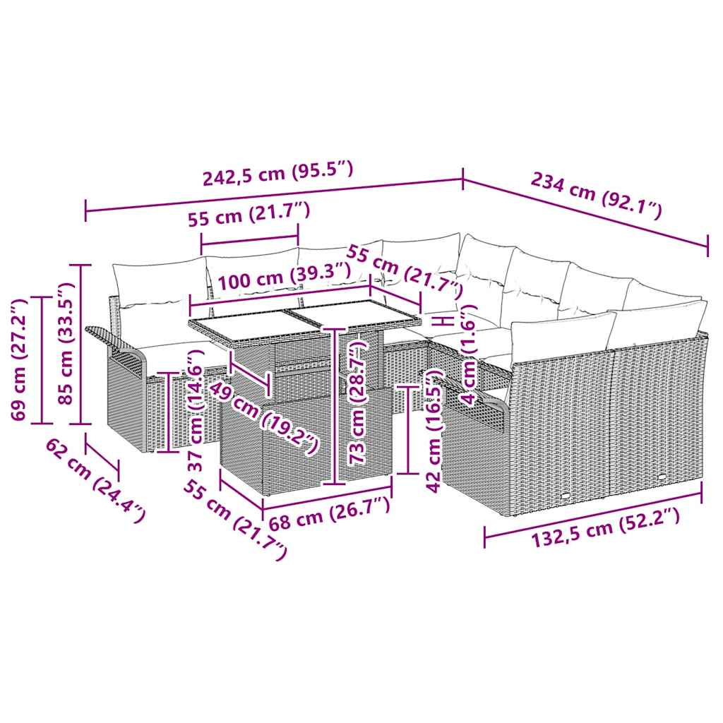 Garten-Sofa-Set mit Kissen 9 pcs Braun Poly Rattan