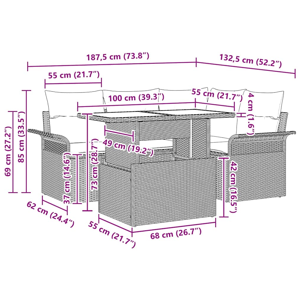 Garten-Sofa-Set mit Kissen 5 pcs Braun Poly Rattan