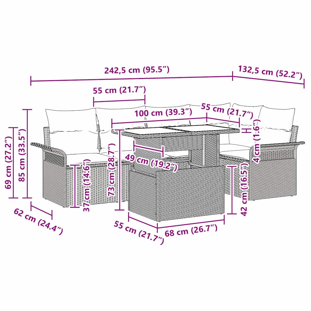 Gartensofa-set mit Kissen 6 pcs Braun Poly-Rattan