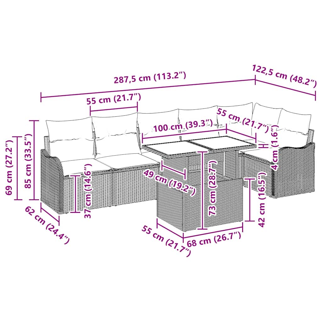 Sofa Set mit Kissen 7 pcs Hellgrau Poly Rattan