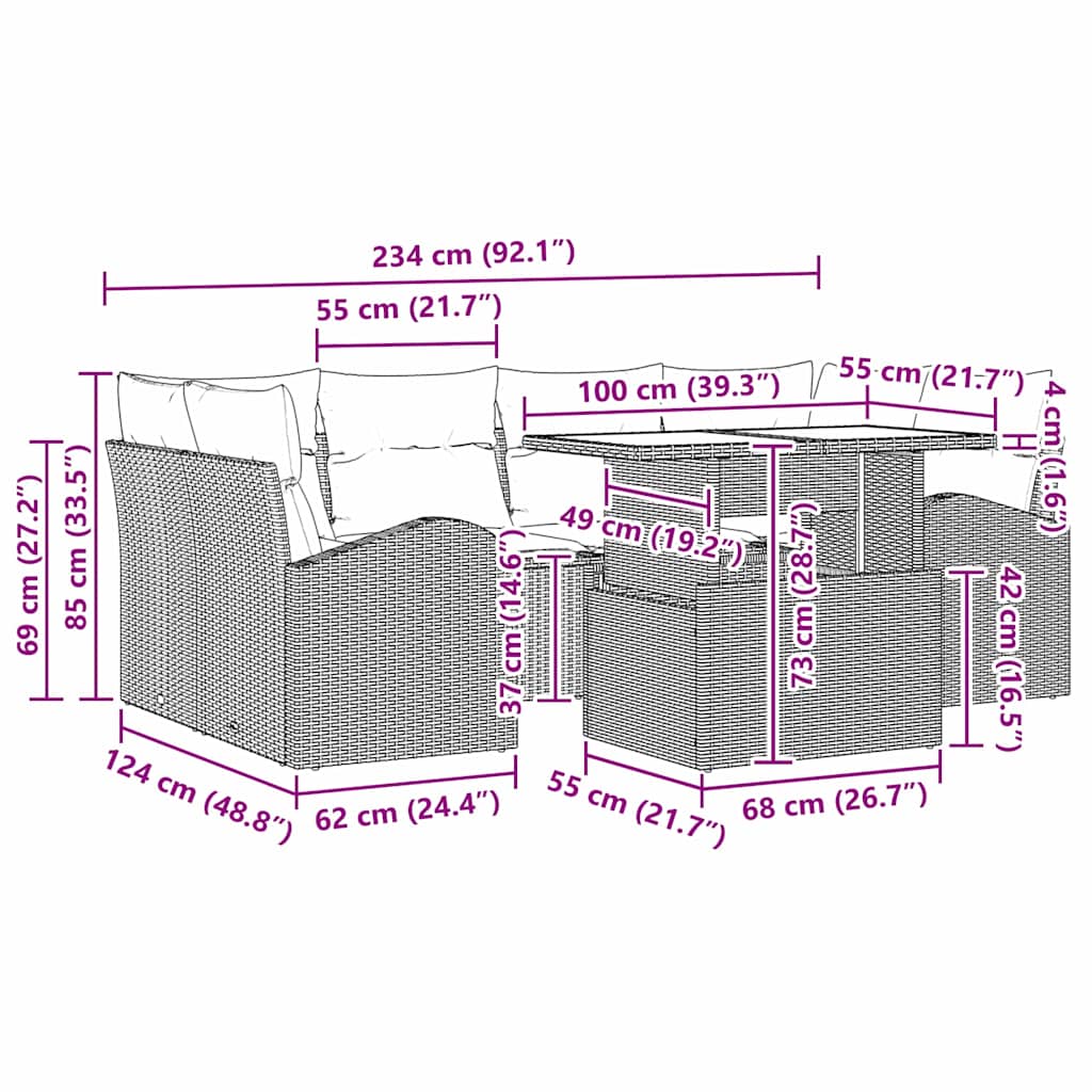 Gartensofa-set mit Kissen 7 pcs Schwarz Poly Rattan