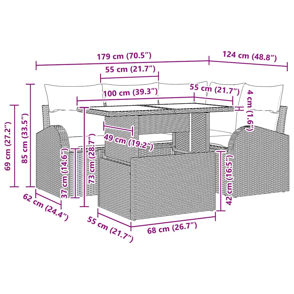 Garten-Sofa-Set mit Kissen 5 pcs Braun Poly Rattan