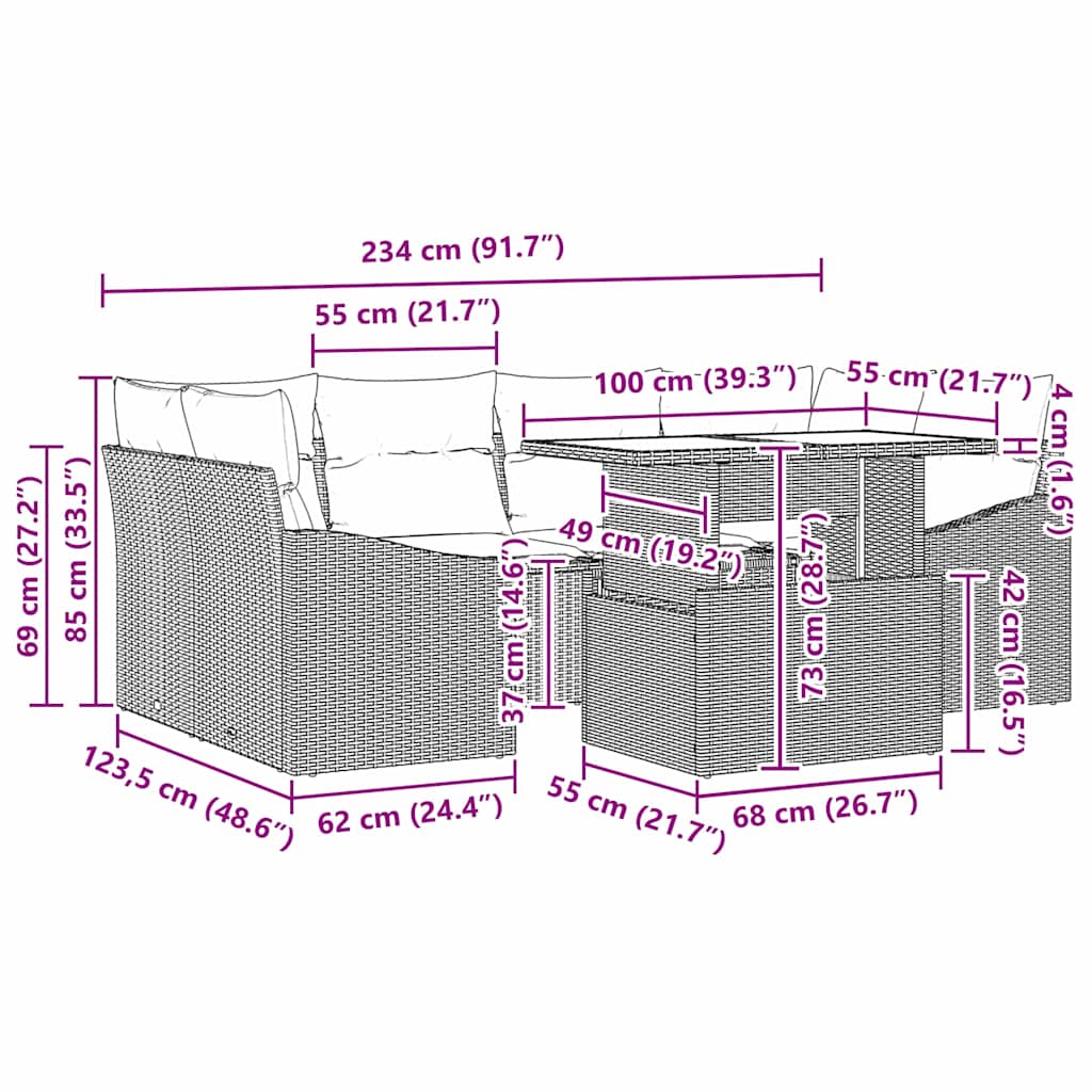 Garten-Sofa-Set mit Kissen 7 pcs Schwarz Poly-Rattan