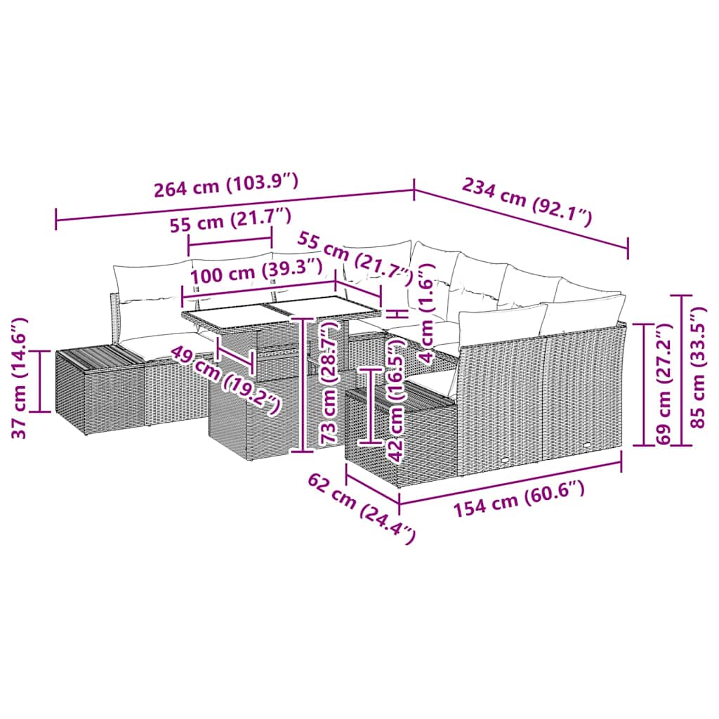 Gartensofa-set mit Kissen 9 pcs Schwarz Poly-Rattan