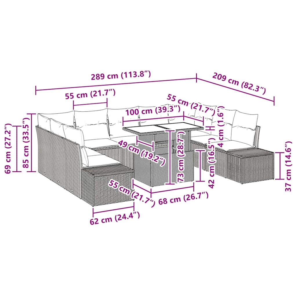 Gartensofa-set mit Kissen 10 pcs Grau Poly-Rattan