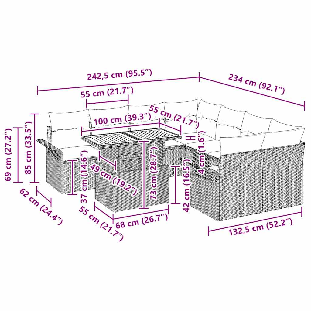 Gartensofa-set mit Kissen 11 pcs Beige und Creme Poly-Rattan