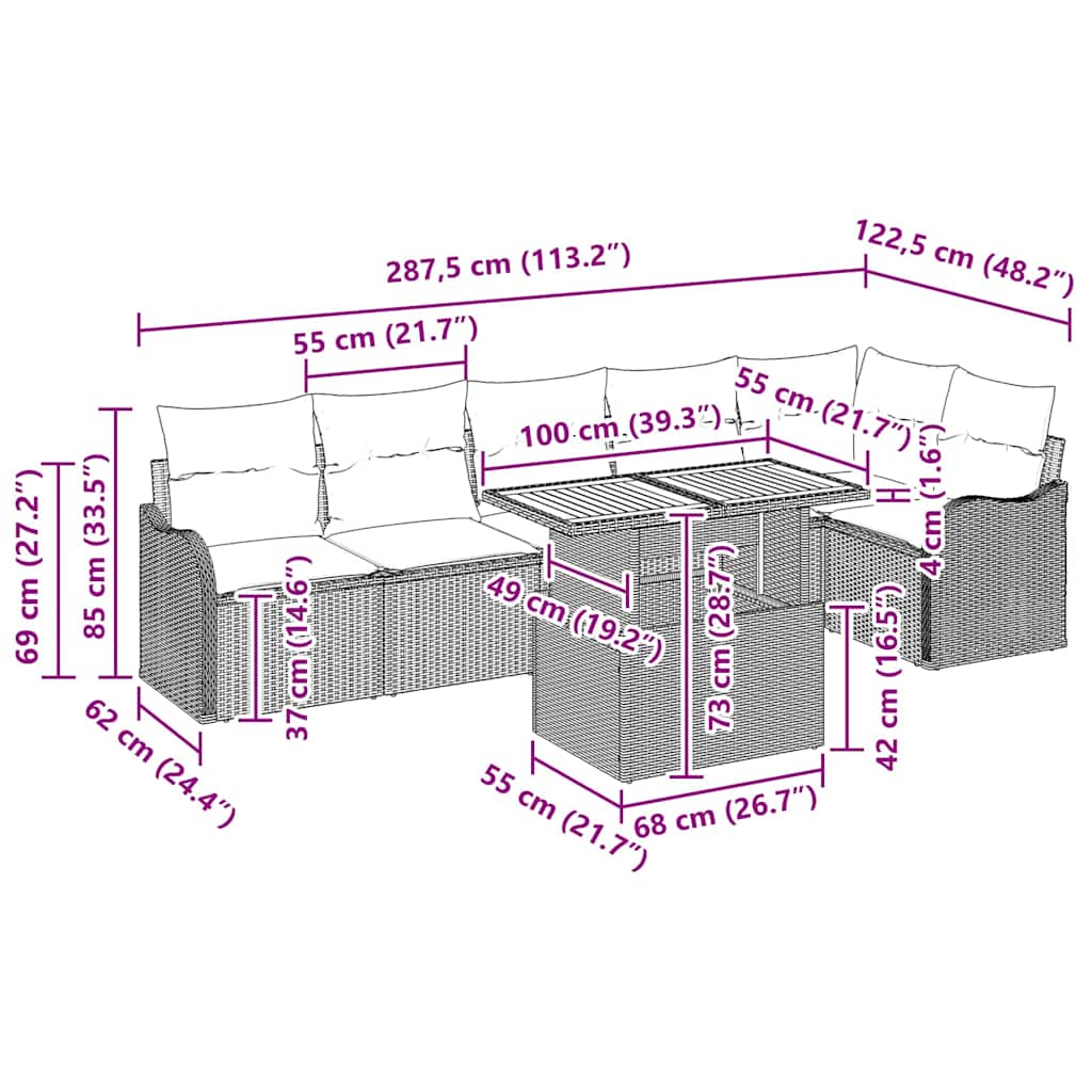Garten-Sofa-Set mit Kissen 7 pcs Schwarz und Creme