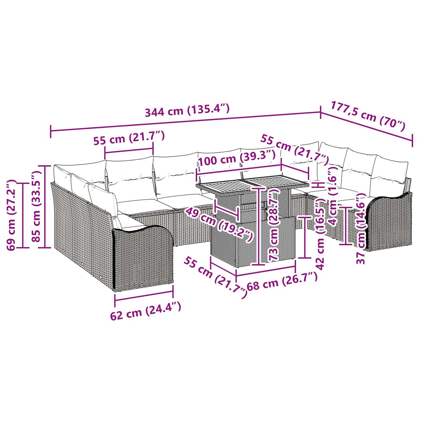 Garten-Sofa-Set mit Kissen 11 pcs Schwarz und Creme