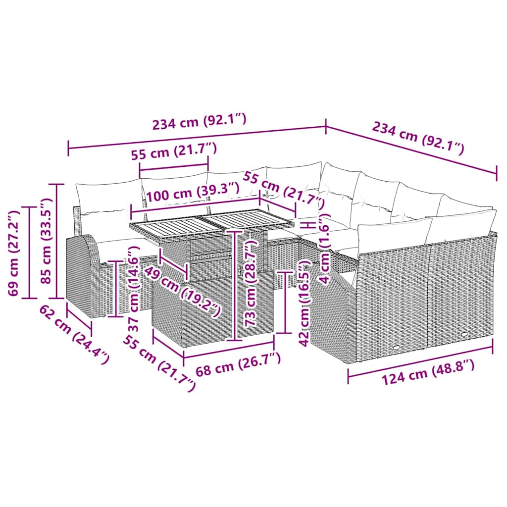 Garten-Sofa-Set mit Kissen 9 pcs Beige und Creme