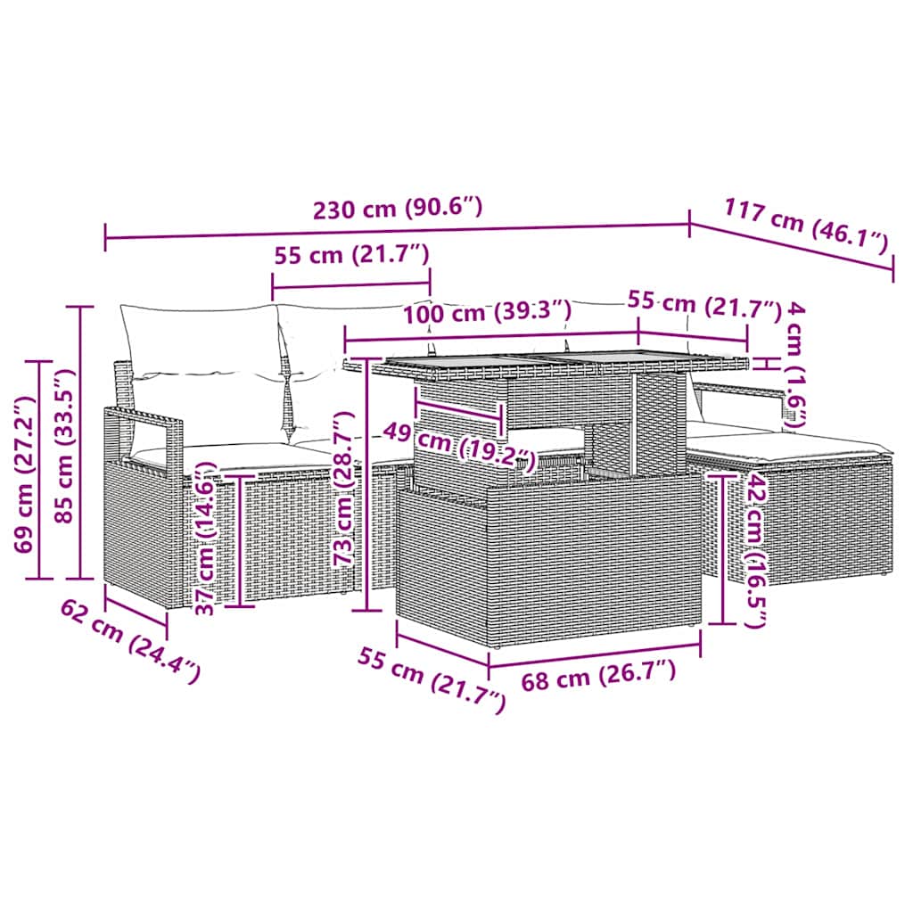 Garten Essgruppe mit Kissen 6 pcs Schwarz und Creme