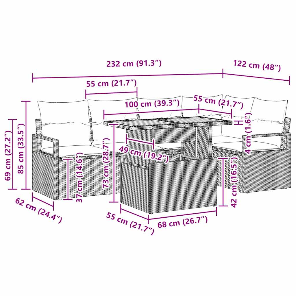 Garten Essgruppe mit Kissen 6 pcs Beige und Grau