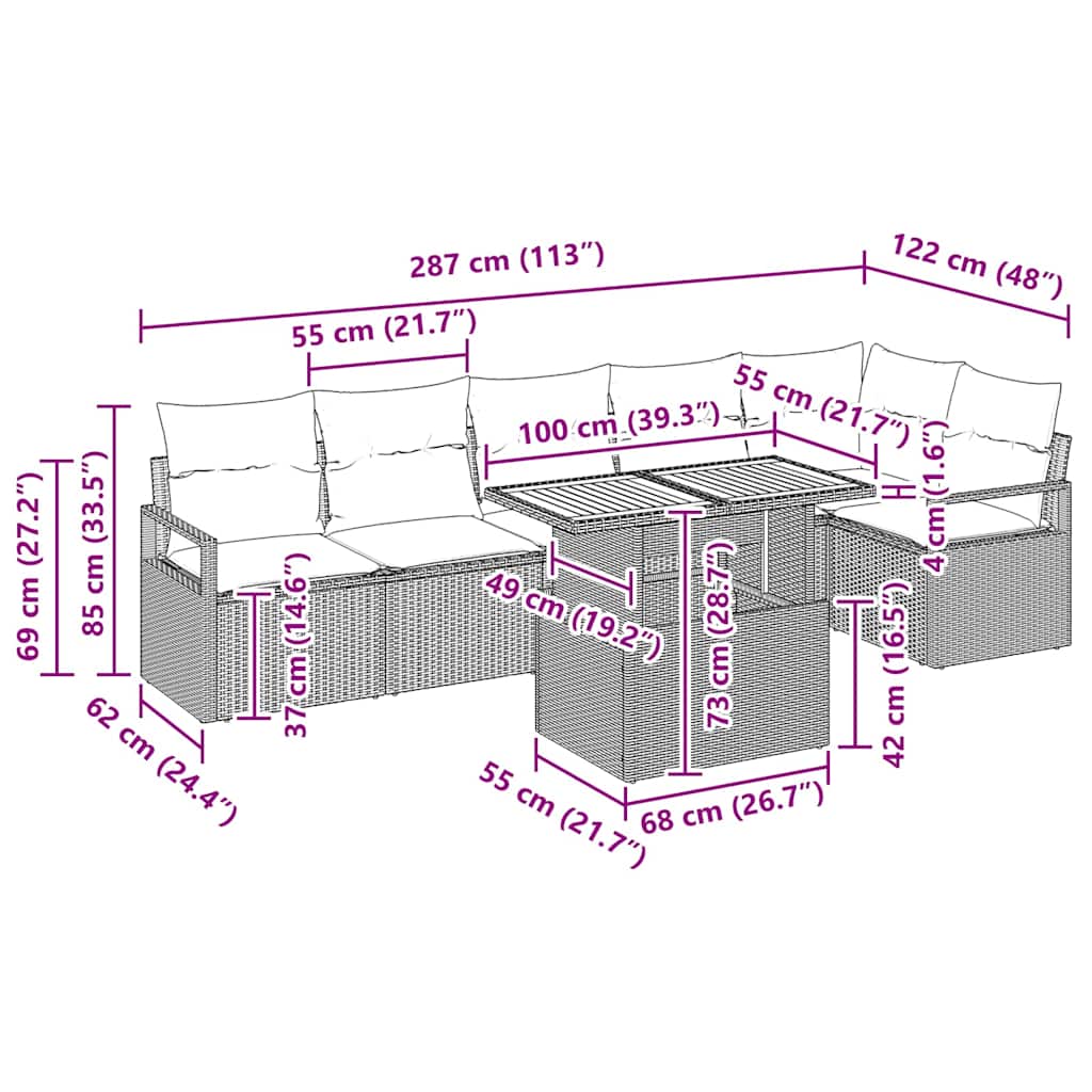 Garten Essgruppe mit Kissen 7 pcs Grau und Braun
