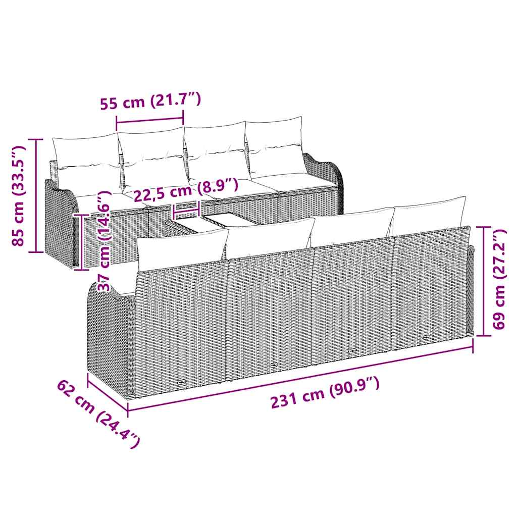 Gartensofa-set 9 pcs Grau Poly-Rattan und Stahl und Glas