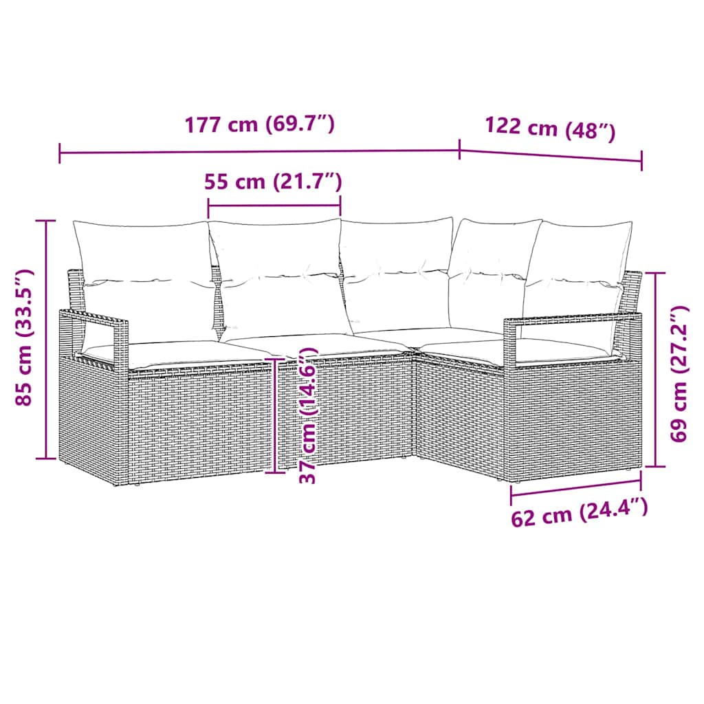 vidaXL Sofa Set mit Kissen mit Speicher 4 pcs Schwarz Poly-Rattan
