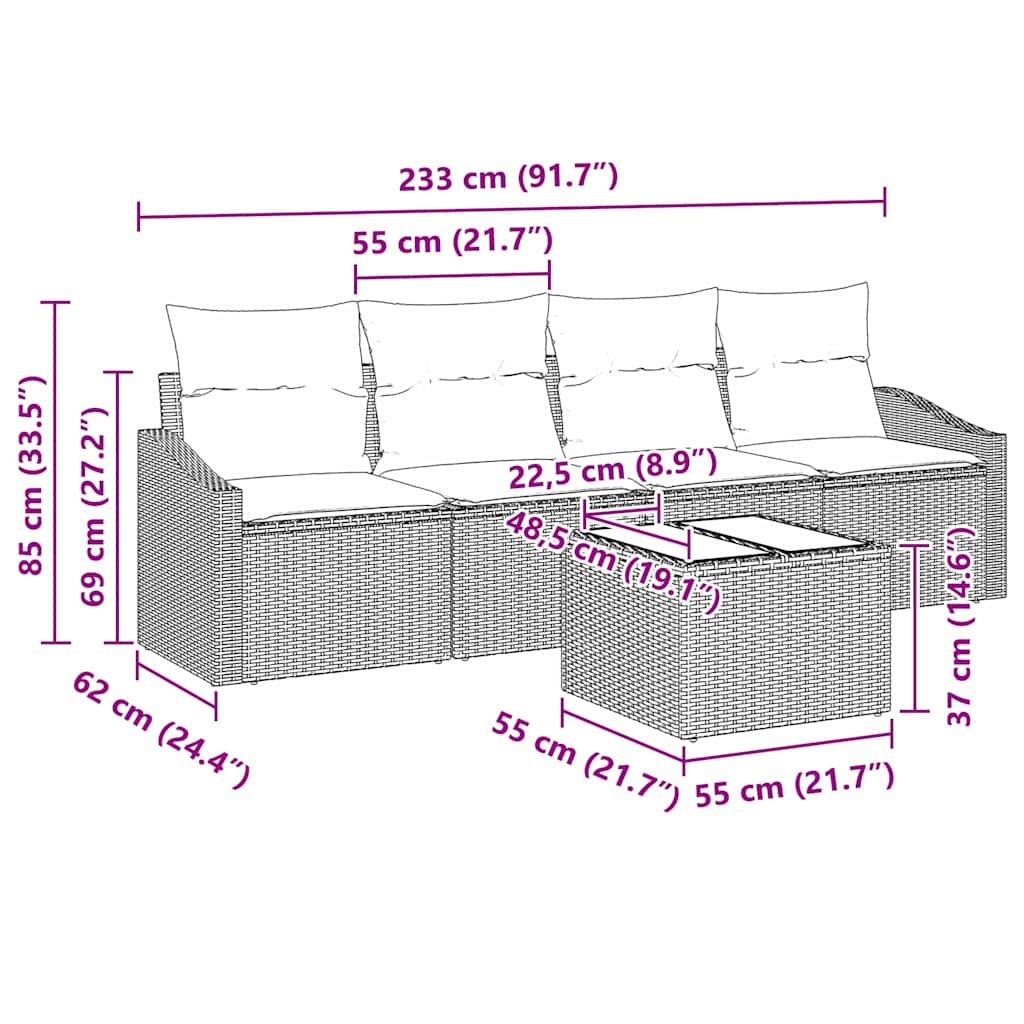 Sofa Set mit Kissen 5 pcs Beige und Grau Poly-Rattan